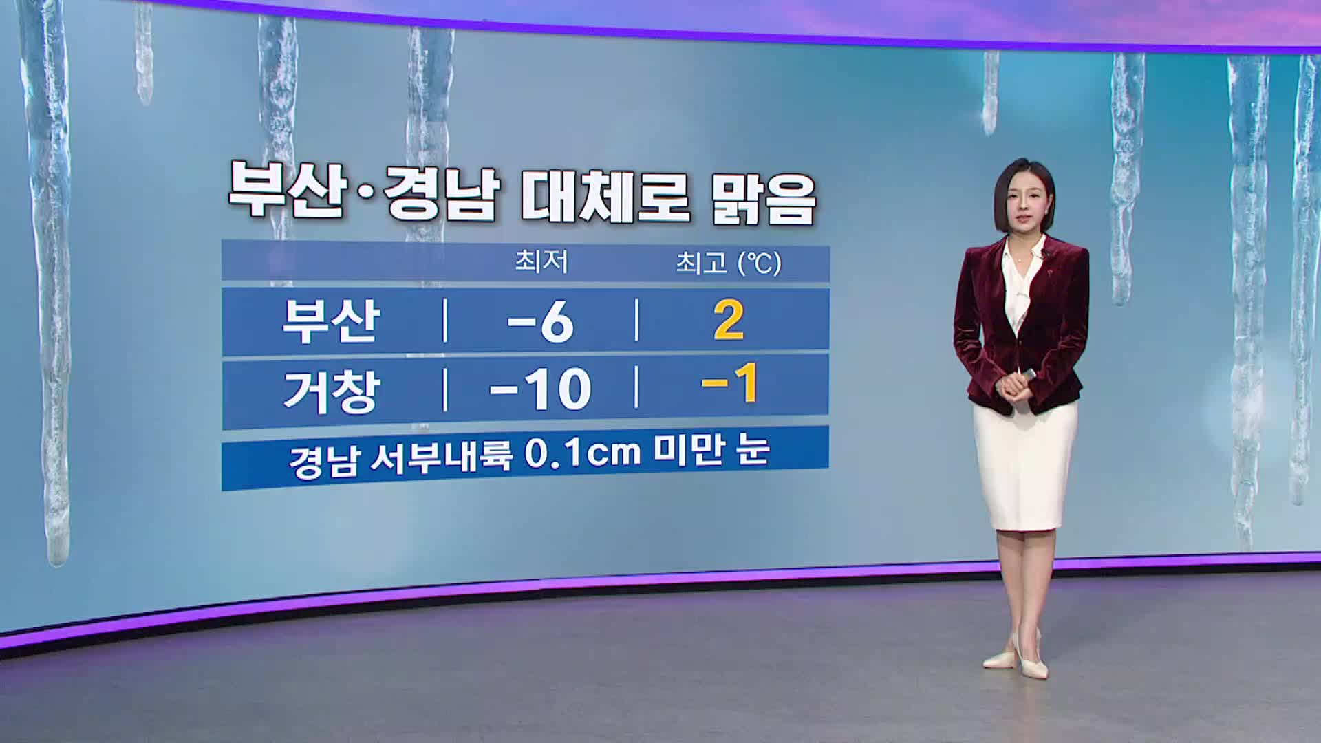 대체로 맑고 서부내륙 곳에 따라 눈... 부산 영하6도, 함안 영하9도 